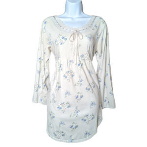 Vintage Body Tease Lace Trim Floral White Blue Long Sleeve Nightgown Pajamas PJs